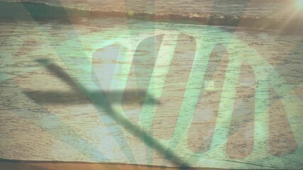 After diagonal shadow crossing shore, helix materializing, visualizing DNA undulating across waves - Powered by Adobe