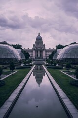 Obraz premium Architectural symmetry with a grand historical dome building reflected in a calm water pool between two modern glass domes under a dramatic cloudy sky, blending classical and contemporary design eleme