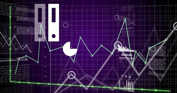 On load, data visualization animating line rising, charts icons evolving, receding for data cycle