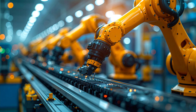 Robotic Arms in an Industrial Automation: A row of state-of-the-art yellow robotic arms in a modern manufacturing facility, precisely moving items on a conveyor belt. - Powered by Adobe