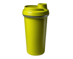 Yellow protein shaker bottle gym accessory, plastic container with secure lid, fitness supplement mixer, isolated on transparency background, modern design, energetic vibe