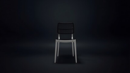 Modern minimalist metal chair centered on a dark gradient background, showcasing contemporary furniture design with clean lines and industrial style, ideal for interior design presentations, advertisi