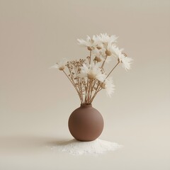 Minimalist still life composition featuring a round ceramic vase with dried pampas grass and seed pods on a neutral beige background, creating an elegant, modern, and natural home decor aesthetic suit