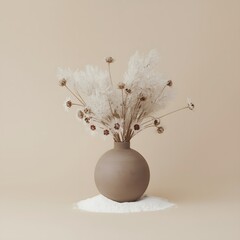Minimalist still life composition featuring a round ceramic vase with dried pampas grass and seed pods on a neutral beige background, creating an elegant, modern, and natural home decor aesthetic suit