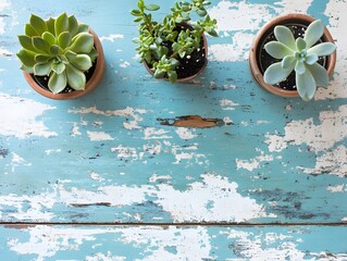 Three Succulents in Terracotta Pots on Rustic Blue Wooden Table
