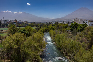 Photographs of the Arequipa viewpoint, mountains in the White City of Peru, panoramic view of the Misti and Chachani volcanoes, perfect for postcards.