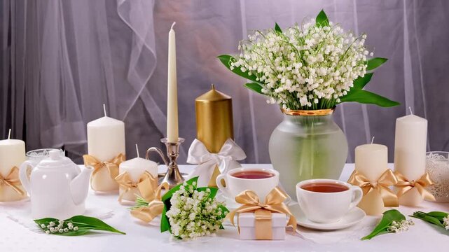 A video of a festive table with lilies of the valley, candles, gifts, and tea. Easter concept 4K