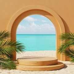 Obraz premium Coastal Paradise: A captivating scene featuring a golden archway frames a stunning view of the turquoise ocean and sandy beach, complemented by lush palm leaves.