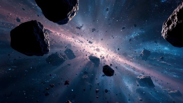 Asteroid belt with cosmic space debris and rocky rocks floating in glowing galaxy starry background with distant light rays in deep space environment