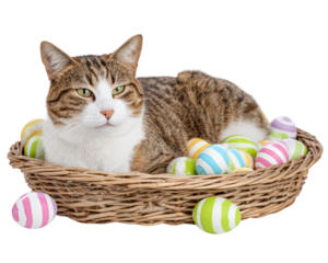 Cat basket Easter egg striped colorful animal pet playful relaxed holiday. relaxed tabby cat lies woven basket surrounded by colorful striped Easter eggs creating playful and festive holiday