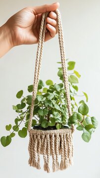 Hand holding a macrame plant hanger with lush green leaves, highlighting indoor botanical decor trends.