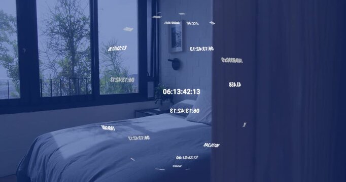 Digital codes forming cloud above bed, drifting across scene, clustering over pillows before fading