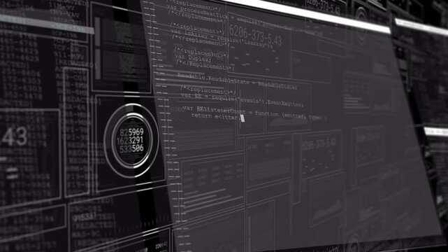 After 3D grid receding, translucent code panel sliding up, revealing live data sequences