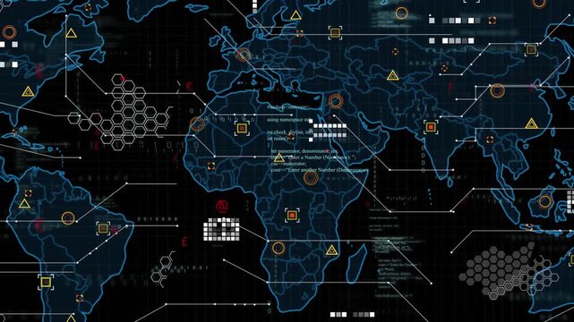 on load, world map outline expanding, hex grid shifting, data points fading for live monitoring