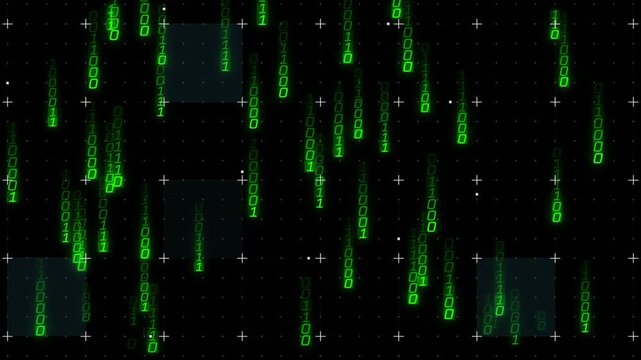 Dark grid opening showing green code streams sliding down flashing dark squares looping rain