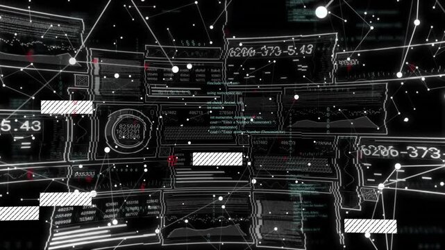 Pulsing white nodes initiating sliding bars and flickering codes visualizing virtual data interface