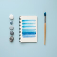 Top view of watercolor notebook with blue paint strokes, surrounded by brush and smooth stones on pastel blue background, symbolizing creativity, art inspiration, calm design concept, and minimalist w
