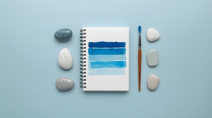Top view of watercolor notebook with blue paint strokes, surrounded by brush and smooth stones on pastel blue background, symbolizing creativity, art inspiration, calm design concept, and minimalist w