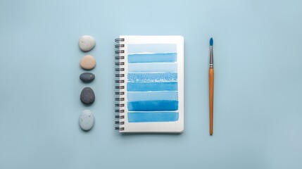 Top view of watercolor notebook with blue paint strokes, surrounded by brush and smooth stones on pastel blue background, symbolizing creativity, art inspiration, calm design concept, and minimalist w