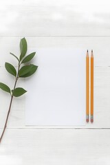 Flat lay of blank white paper sheet with two yellow pencils and green leaf branch on white wooden background, perfect for mockup, branding, message design, natural minimal workspace, or creative layou
