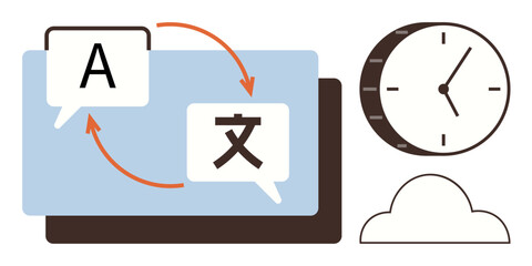 Speech bubbles with arrows symbolize language translation a clock represents time, and a cloud suggests technology. Ideal for communication, global accessibility, linguistics, software, education