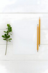 Flat lay of blank white paper sheet with two yellow pencils and green leaf branch on white wooden background, perfect for mockup, branding, message design, natural minimal workspace, or creative layou