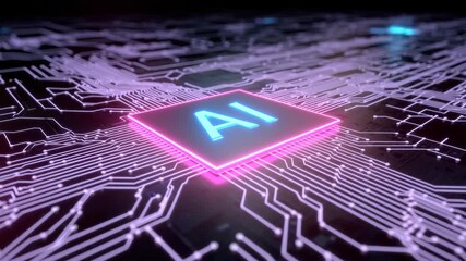 Artificial intelligence chip glowing neon pink and blue lights on futuristic circuit board with digital connections and advanced technology concept - Powered by Adobe