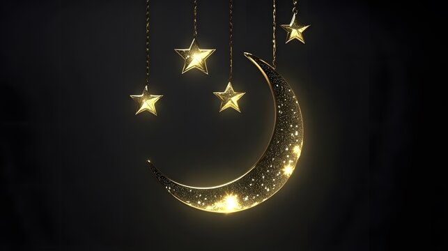 Golden crescent moon and stars on dark background for islamic holiday
