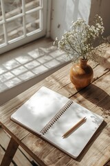Bright morning light shining through a window onto a wooden table with a spiral notebook and pencil beside a small vase, creating a calm minimal workspace for writing, planning, or creative inspiratio