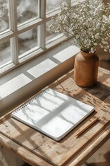 Bright morning light shining through a window onto a wooden table with a spiral notebook and pencil beside a small vase, creating a calm minimal workspace for writing, planning, or creative inspiratio