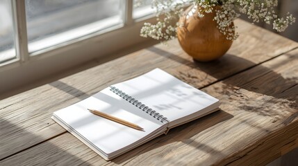 Bright morning light shining through a window onto a wooden table with a spiral notebook and pencil beside a small vase, creating a calm minimal workspace for writing, planning, or creative inspiratio