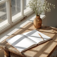 Bright morning light shining through a window onto a wooden table with a spiral notebook and pencil beside a small vase, creating a calm minimal workspace for writing, planning, or creative inspiratio