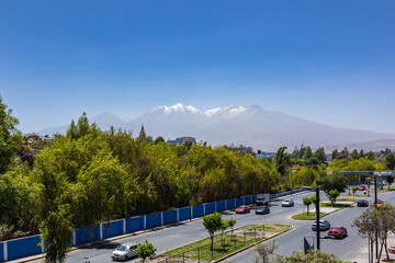 Photographs of the Arequipa viewpoint, mountains in the White City of Peru, panoramic view of the Misti and Chachani volcanoes, perfect for postcards.