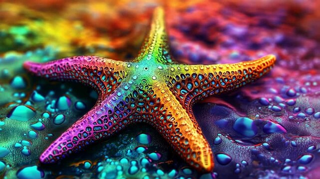 Vibrant, colorful starfish on a textured, wet surface. Abstract and eye-catching.