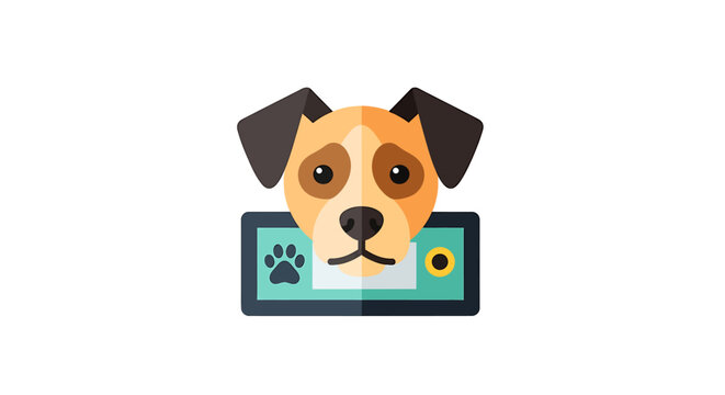 A flat vector illustration of a sad dog's face above a pet identification tag with a paw print icon.
