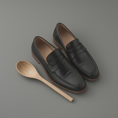Elegant composition of black leather loafers with wooden spoon and small bowl on gray minimalist background, showcasing premium craftsmanship, modern masculine style, and luxury product design aesthet
