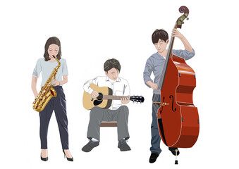 トリオで演奏する若い男女イラスト