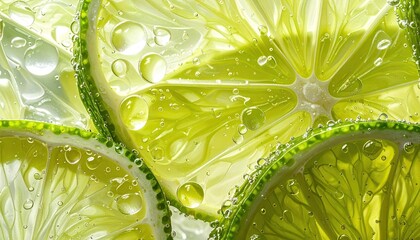 Macro Shot of Sliced Lime with Water Droplets in Sunlight Green and White Hues Creating Abstract Patterns and Texture Perfect for Freshness or Health