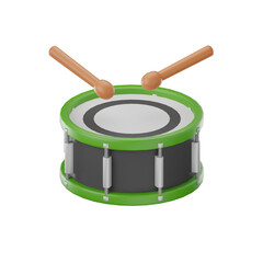 Green and Gray Drum with Wooden Drumsticks Isolated on Transparent Background a Playful 3D Render Style