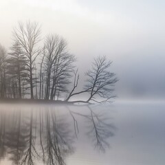 Obraz premium Misty Morning Landscape with Bare Trees.