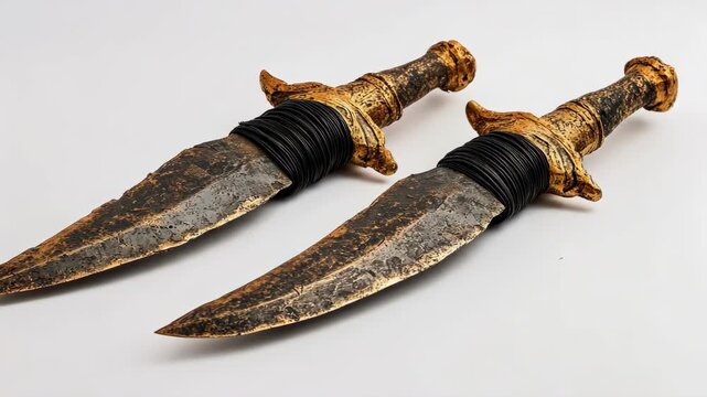 Two ancient daggers with gold handles and black wrappings on a white background.