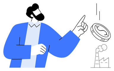 Bearded man in blue jacket pointing at a falling coin near a factory emitting smoke. Ideal for economy, finance, industry, investment, sustainability, decision-making, environmental impact. Simple