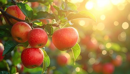 Obraz premium Red Apples on Tree Branch with Green Leaves and Sunlight in Orchard