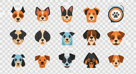 Naklejka premium A collection of various cartoon dog faces and a paw print icon on a transparent background, showcasing different breeds and colors.