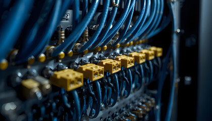 Server rack connection panel with yellow connectors and blue cables in macro close-up with shallow depth of field