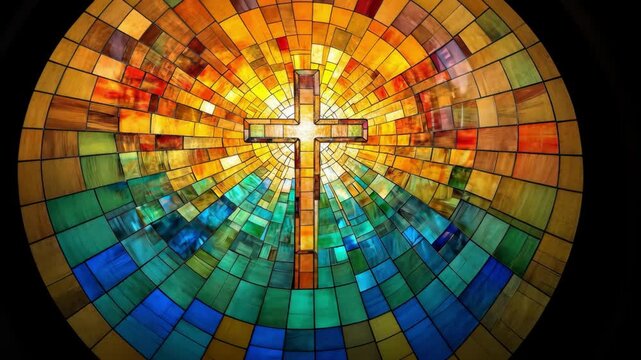 Stained glass cross with vibrant colors radiating outwards in a mosaic pattern.