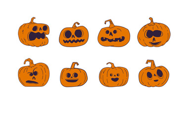 Halloween pumpkins with funny and spooky carved faces, hand drawn vector illustration