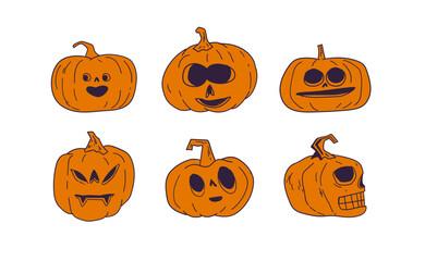 Halloween pumpkins with funny and spooky carved faces, hand drawn vector illustration