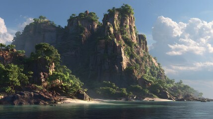 Obraz premium Stunning coastal landscape showcases a dramatic cliffside mountain richly adorned with verdant foliage, rising majestically beside a serene, turquoise ocean under a bright, partly cloudy sky.