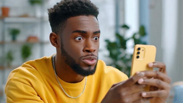 Unexpected Revelation: A man in deep concentration is taken aback, his expression capturing a moment of surprise as he engrossed on mobile phone.